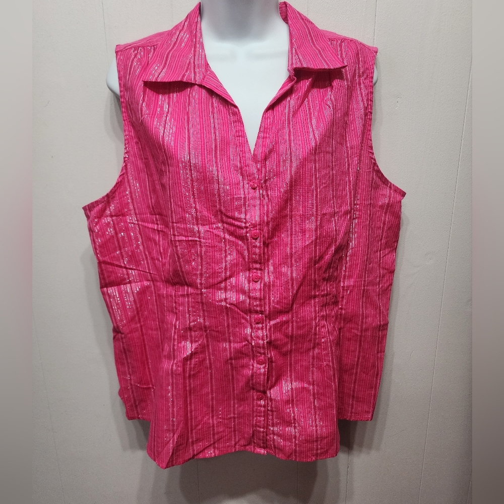Jaclyn‎ Smith Sleeveless Top XL Pink Silver Thread Button Front Casual B930